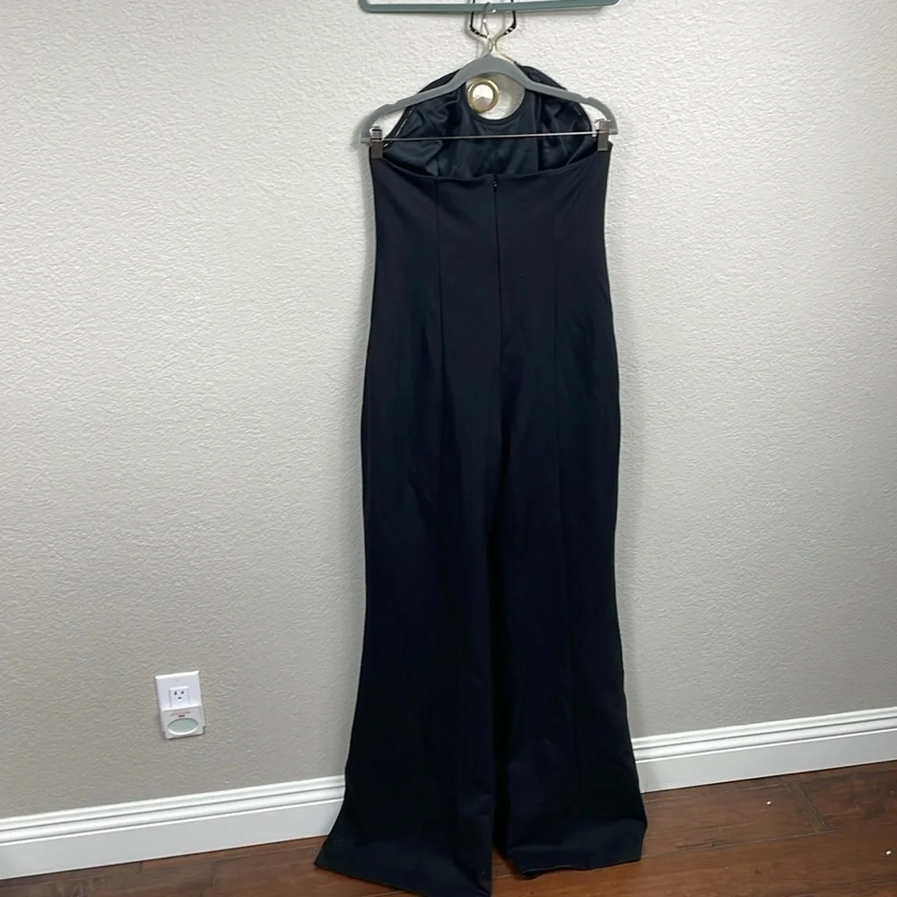 NWT AREA Crystal Cut Out Halter Jumpsuit Brass Glass Jewel Wide Leg Black Sz XL - Picture 5 of 16
